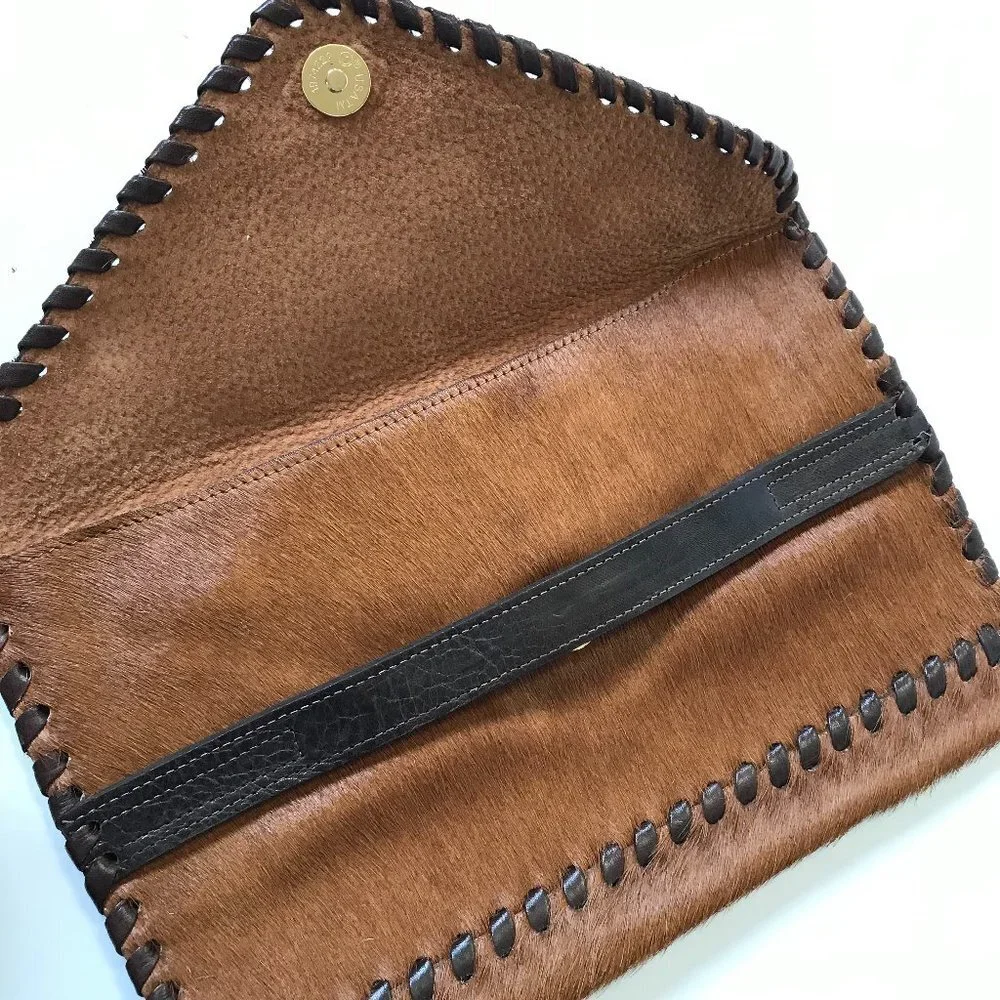 Laggo Polka Envelope Clutch Bag Purse Womens Brown Pony Hair Leather Bohemian